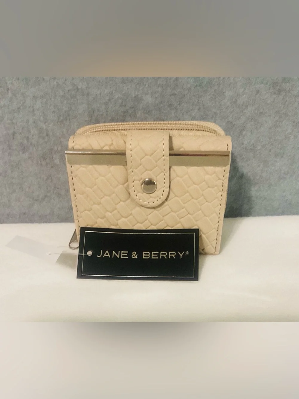 Jane & Barry Quilted Beige Compact Wallet with Gold Accent